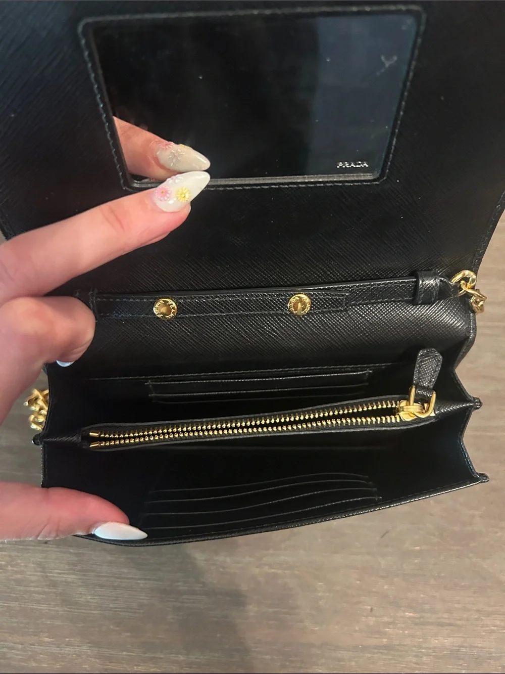 Prada Black Saffiano Printed Faces Leather Chain Clutch